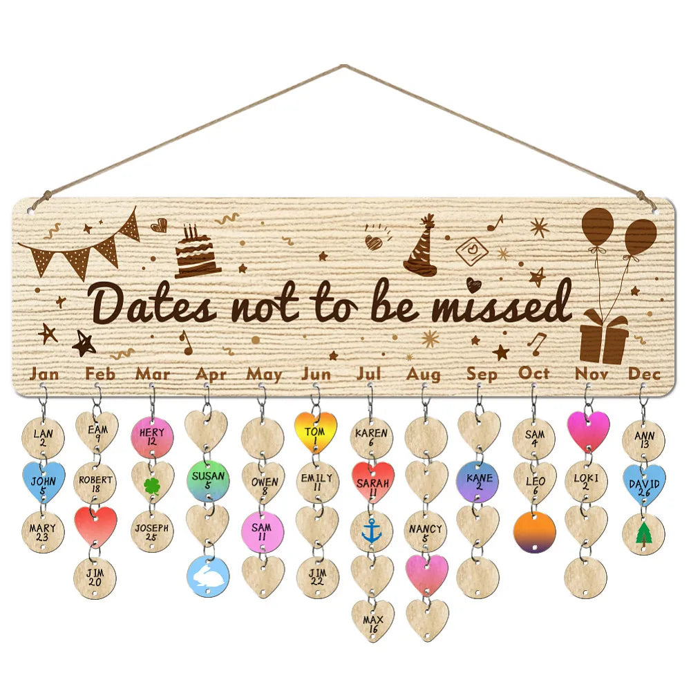 Wood Birthday Calendar Wall Hanging Board with Hemp Rope & Tags
