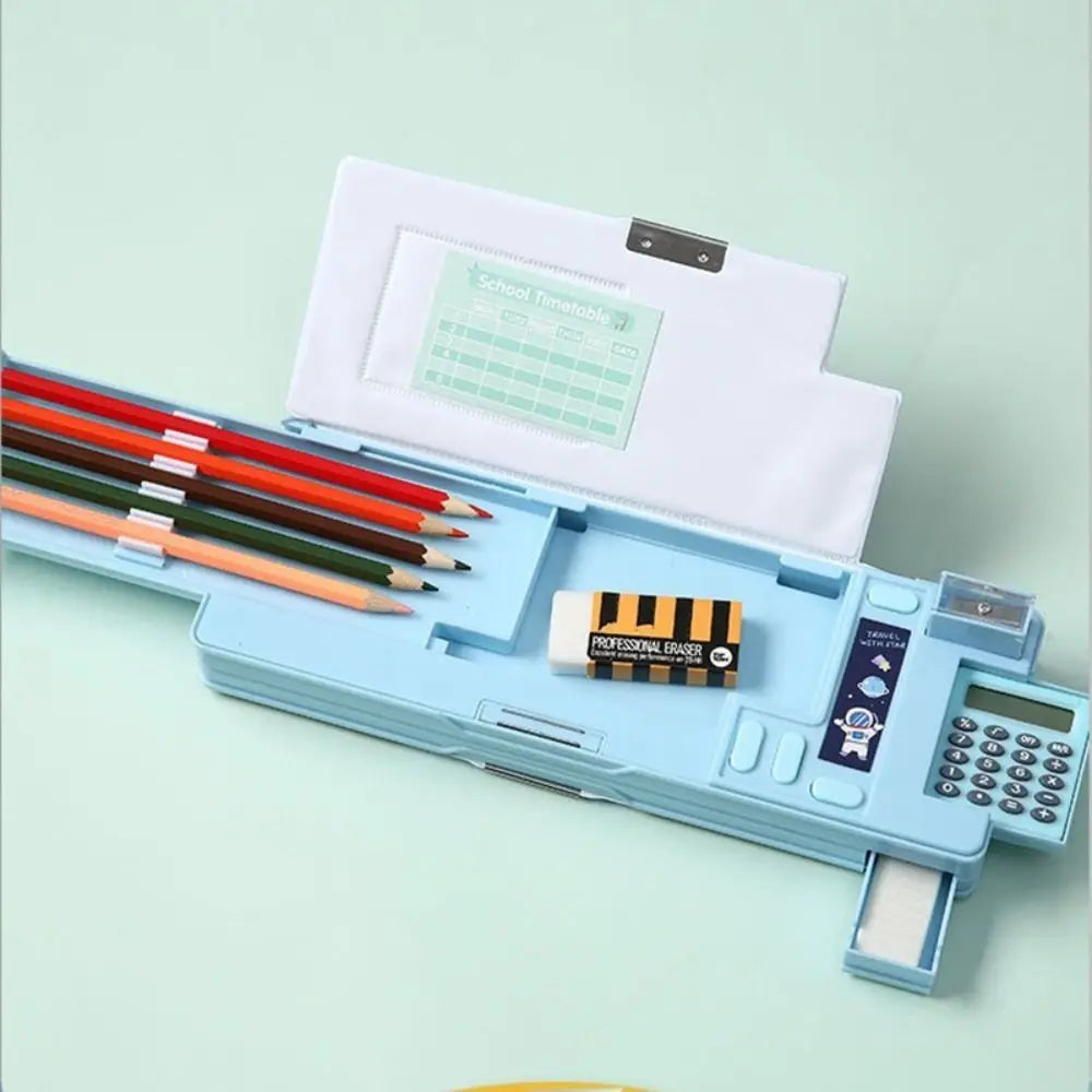 Double Layer Pencil Case with Calculator & Sharpener – Kids
