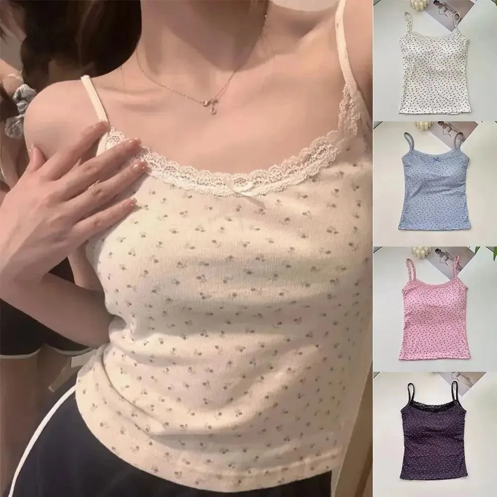 Elegant Lace Floral Cami Top | Y2K Slim Fit Tank – One Size