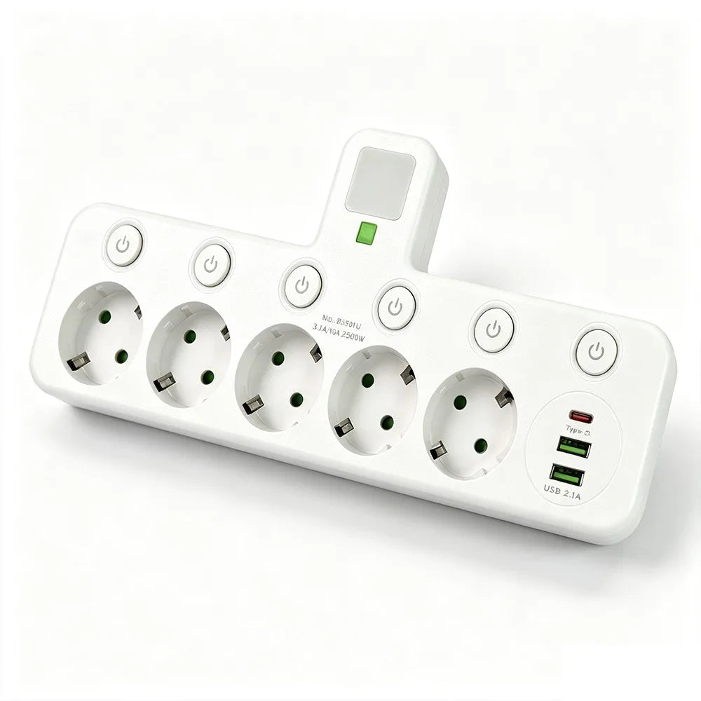 EU Wall Socket 2–5 Plugs with USB Type-C Ports | 2500W