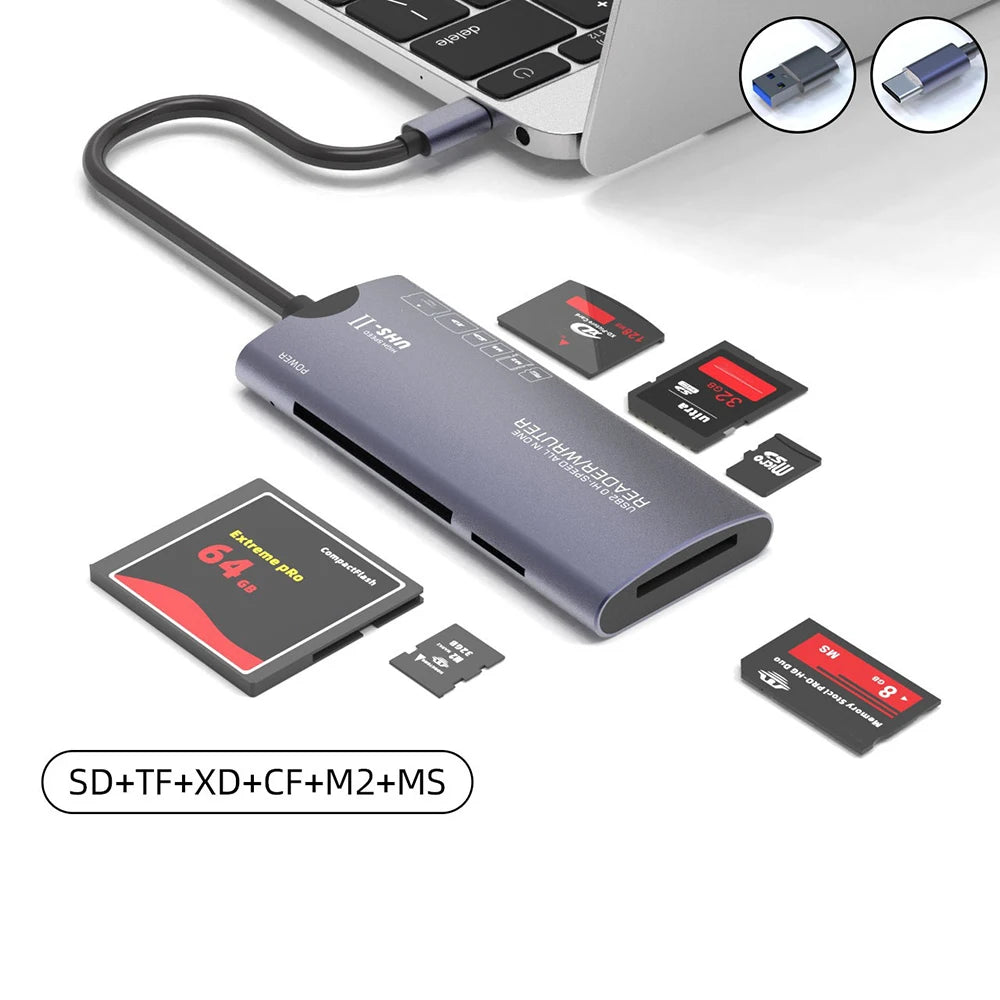 USB-C 6-in-1 Card Reader SD TF XD CF M2 MS | Aluminum Dongle