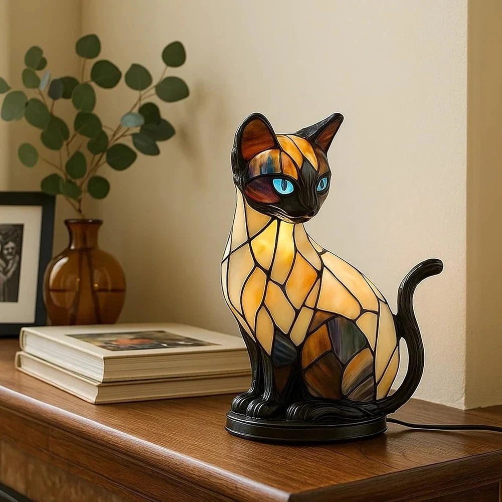 Stained Glass Cat LED Night Light | Resin Tabletop Lamp