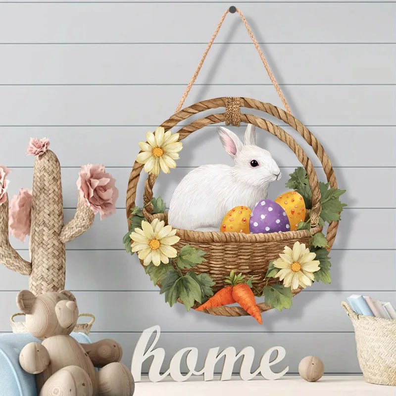 Easter Wooden Hanging Door Sign – Rabbit & Egg Plaque 12"