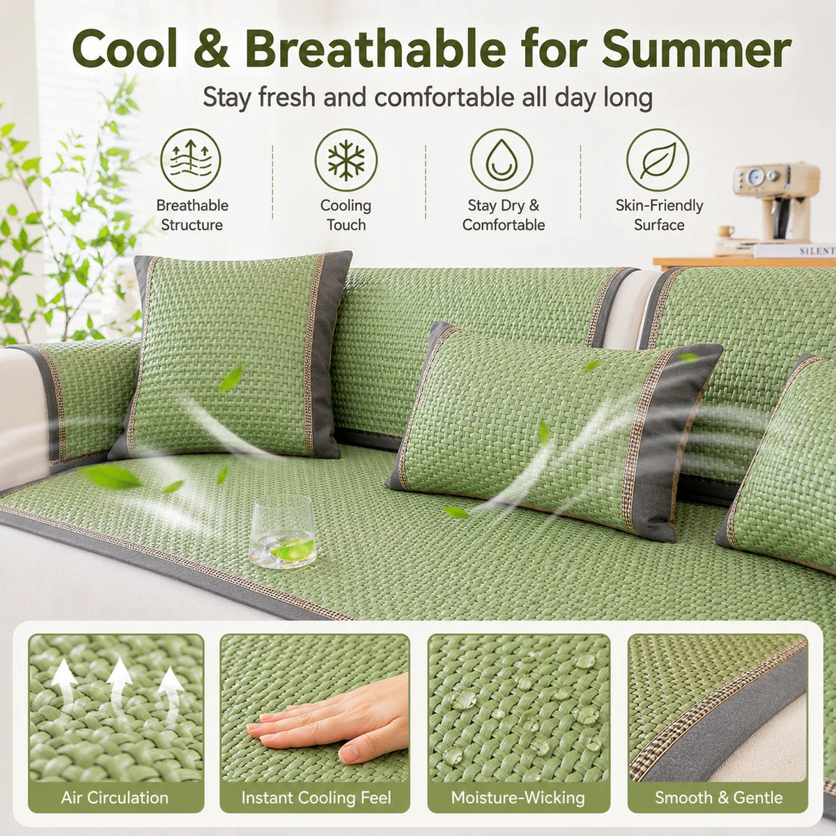 Ice Silk Bamboo Cooling Sofa Cushion – Anti-Slip Seat Mat