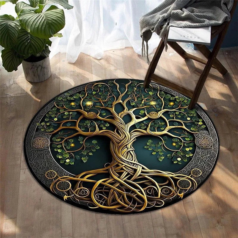Tree of Life Round Area Rug – Modern Polyester Floor Mat