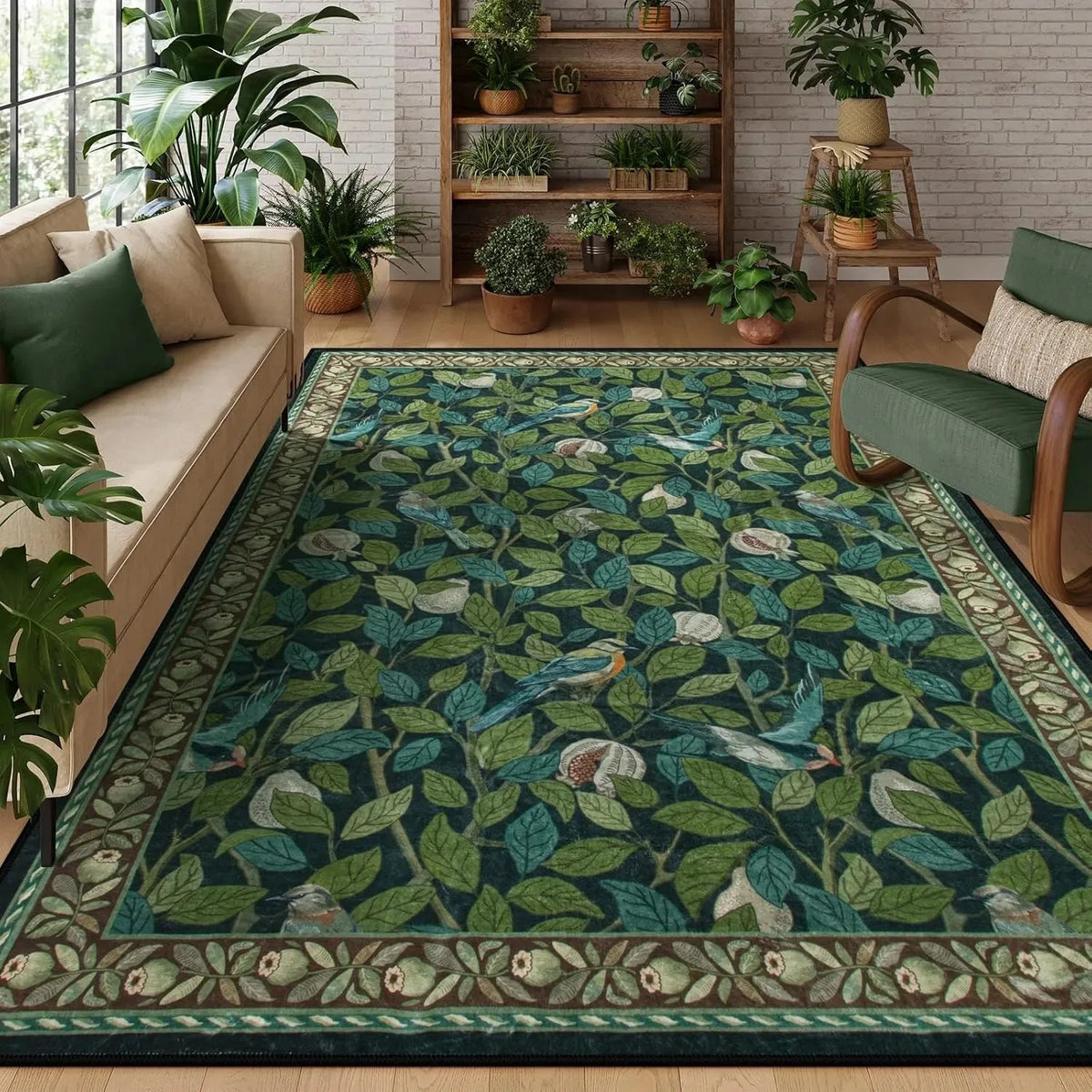 Vintage Botanical Bird Print Area Rug | Non-Slip Washable Mat
