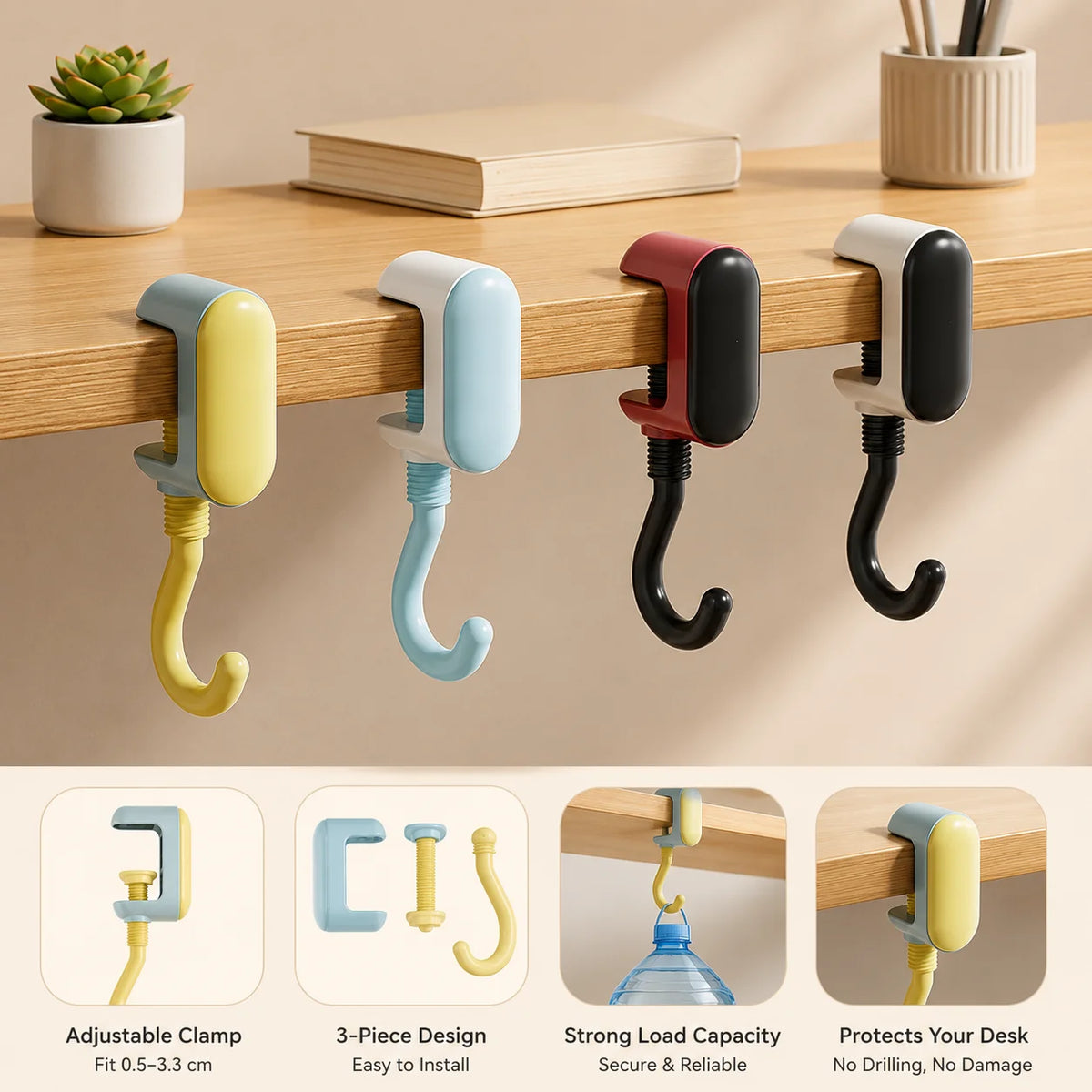 Adjustable Clamp-On Desk Bag Hook – No-Drill Rotating Hanger