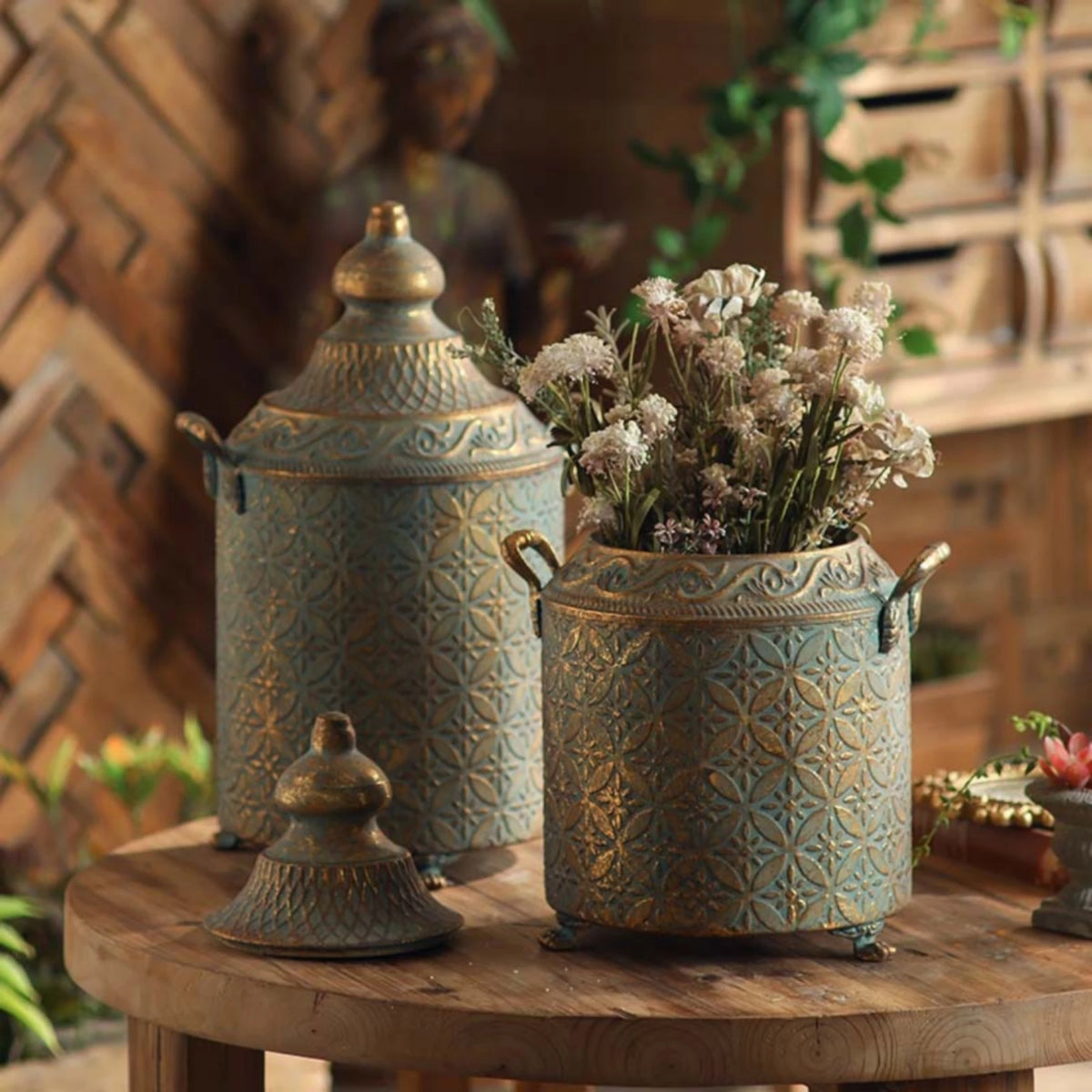 Patina Metal Lidded Vase with Handles | Sculptural Home Décor