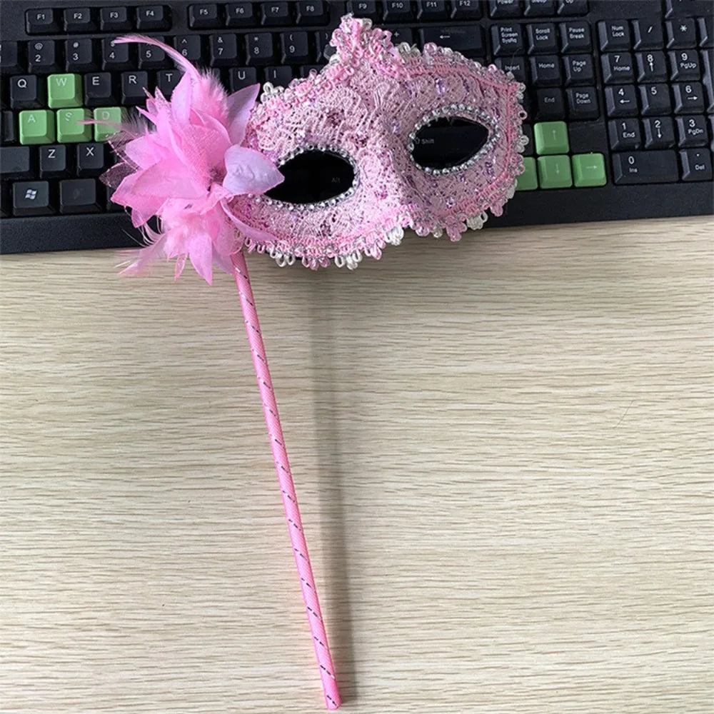 Handheld Feather Masquerade Mask – White Lace & Holding Stick