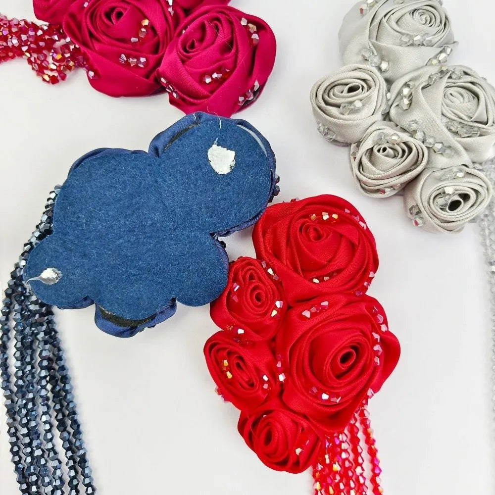 3D Satin Rose Appliqué with Crystal Bead Tassels | DIY Decor