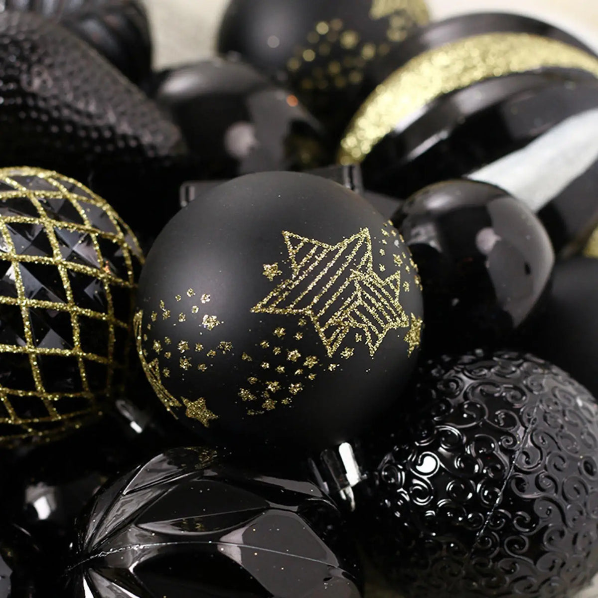 Black Gold Shatterproof Christmas Ball Ornaments – 65-Piece Set