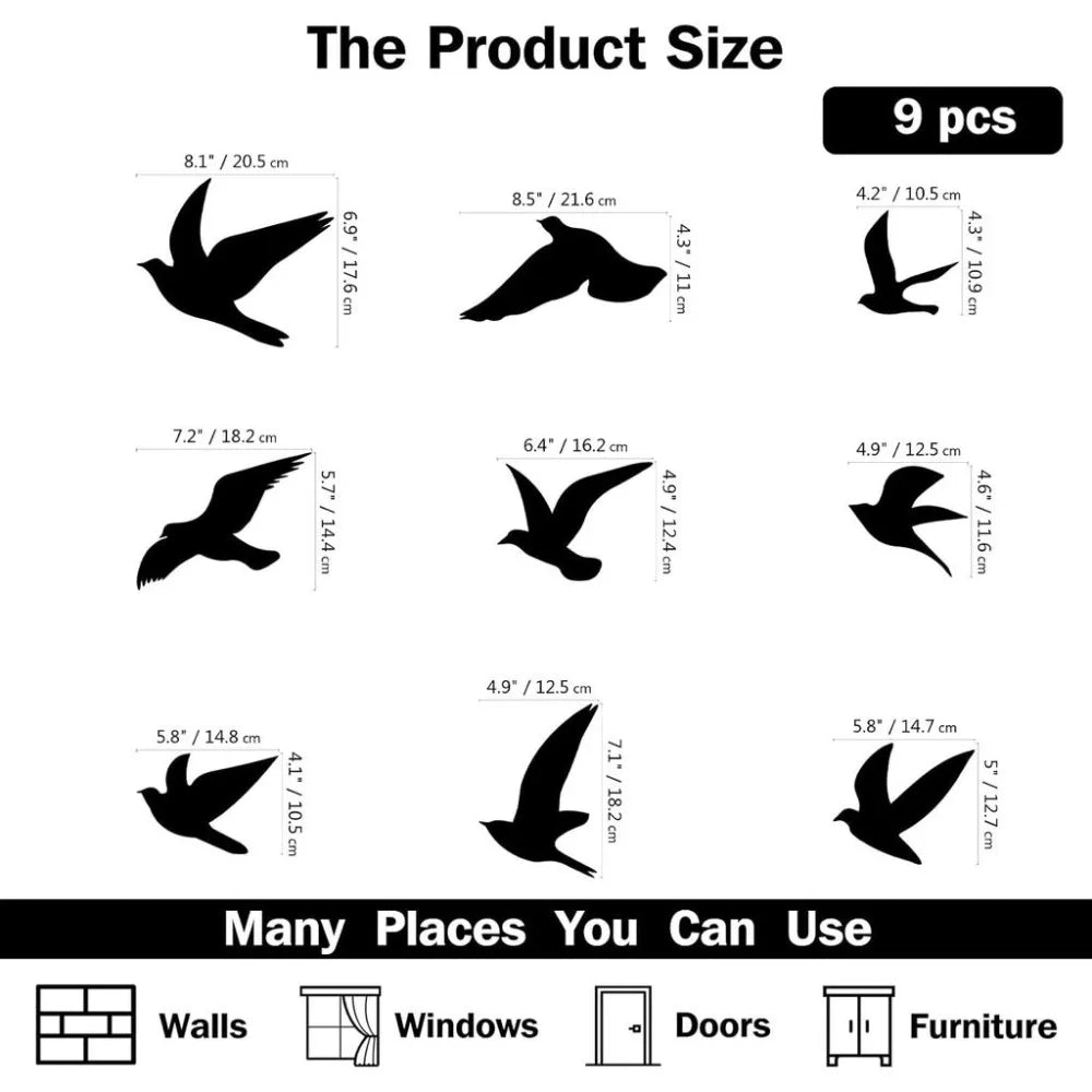 9-Piece Black Birds Wall Decals – Flying Bird Vinyl Stickers