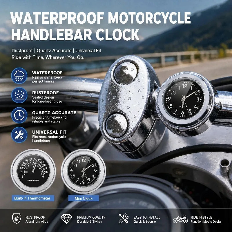 Motorcycle Handlebar Clock & Thermometer – Aluminum 22-25mm