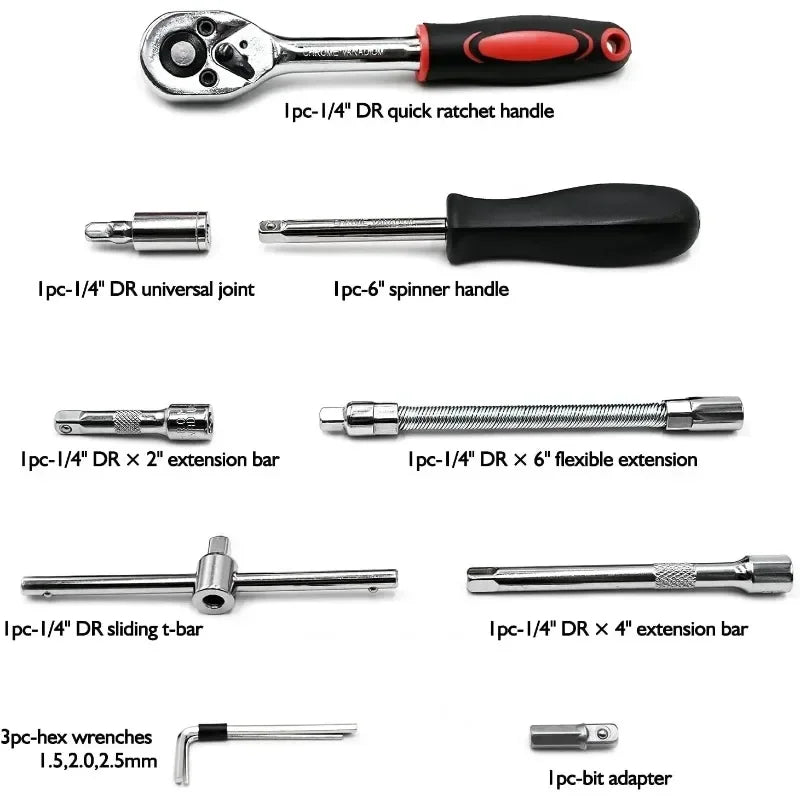 46-Piece 1/4" Socket Ratchet Wrench Set – Car Repair Kit