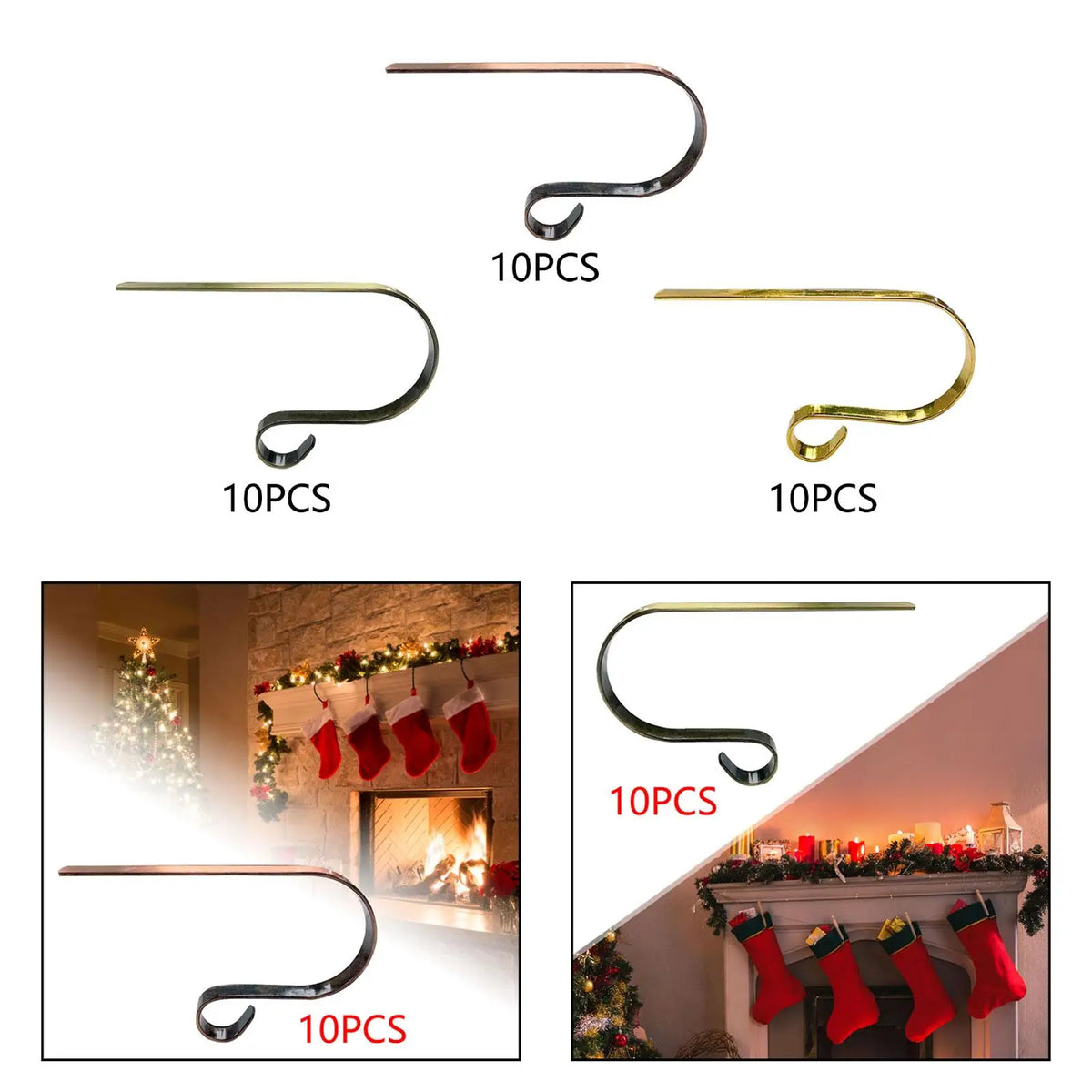 Metal Christmas Stocking Hangers for Mantel – 10 Pack Hooks