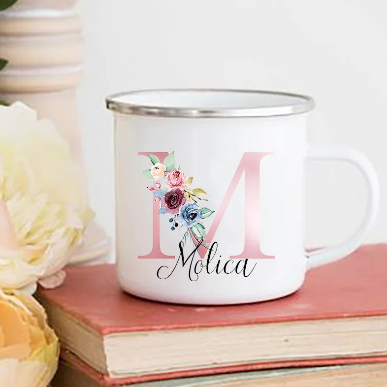 Personalized Floral Initial Enamel Mug – Custom Name Gift