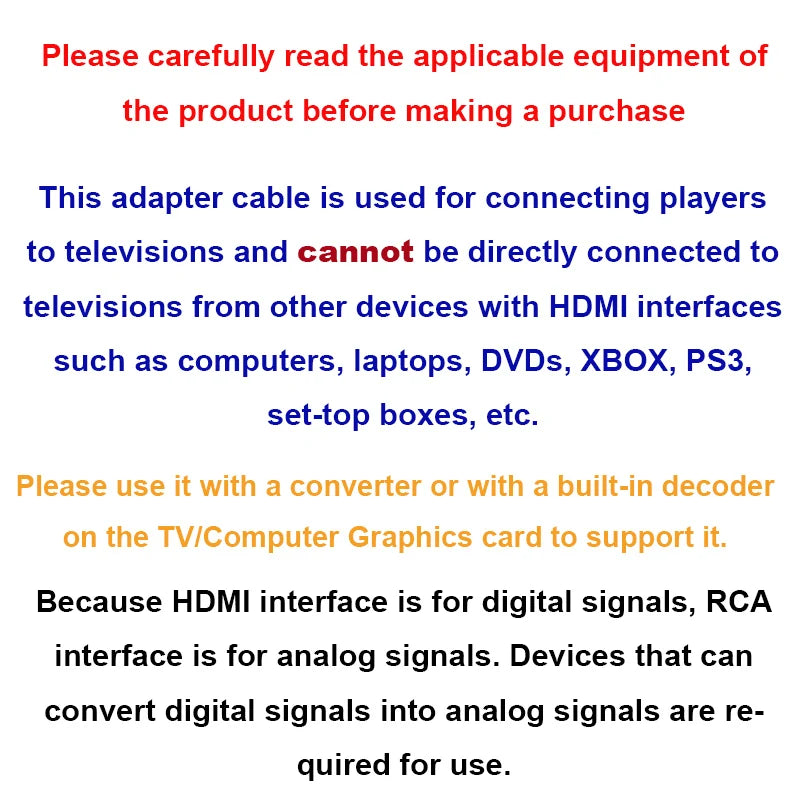 HDMI to 3RCA Cable 1.5M | One-Way for HD Players with Decoder