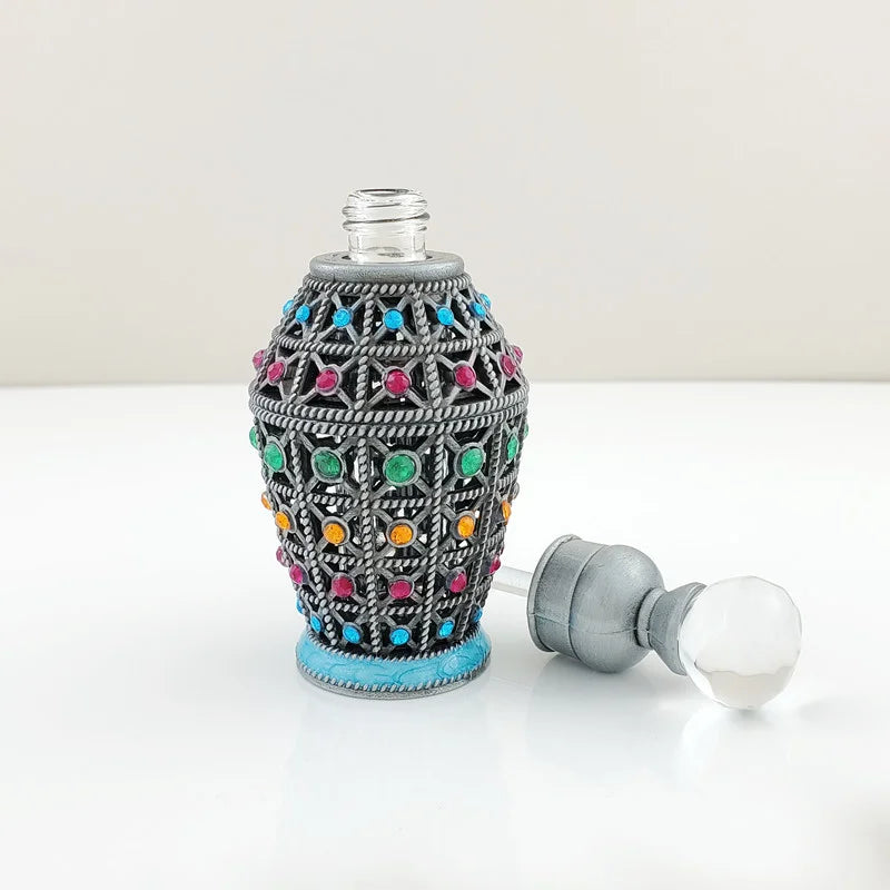 Vintage Arabic Attar Oil Bottle | Hollow Gem Metal Crystal Top