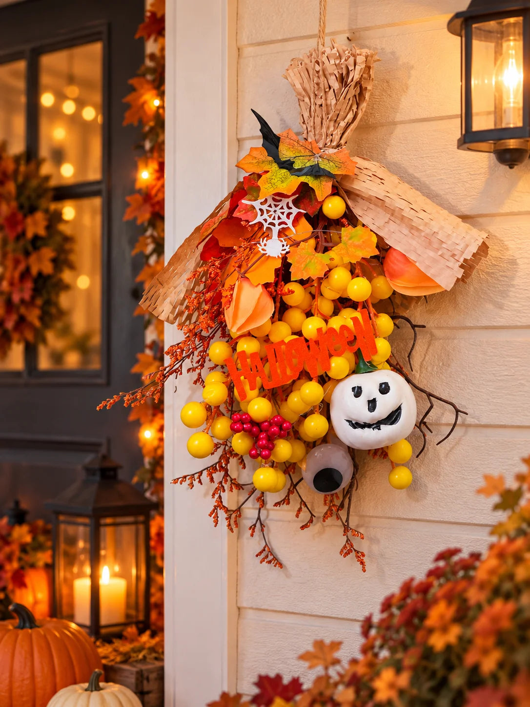 Halloween Pumpkin Bouquet Door Hanger – Handmade Autumn Swag