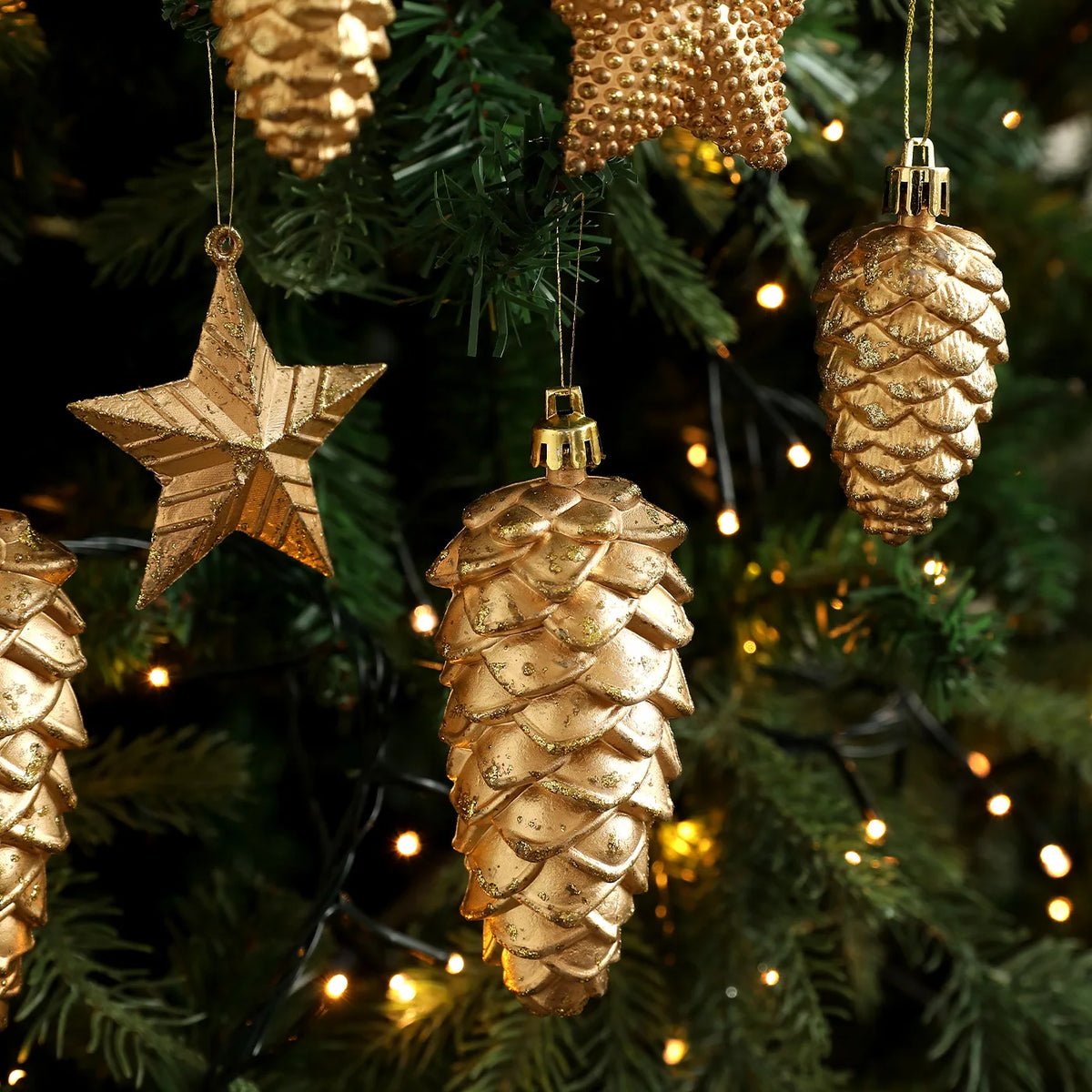Retro Gold Glitter Christmas Pine Cone & Star Ornaments