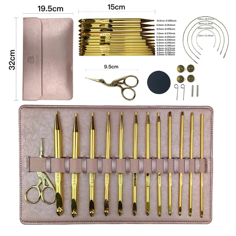 12-Size Golden Aluminum Tunisian Interchangeable Crochet Hook Set