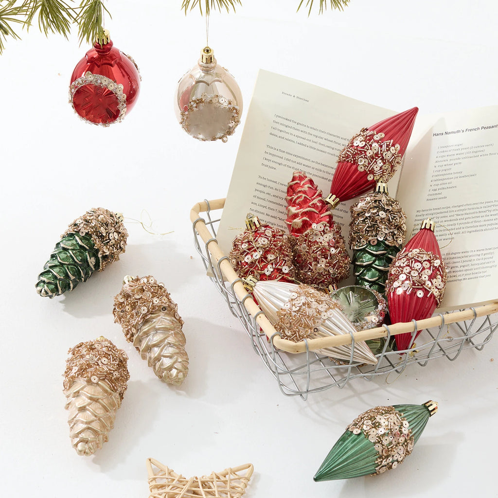 3-Piece Vintage Glass Christmas Ornament Set – Red & Gold