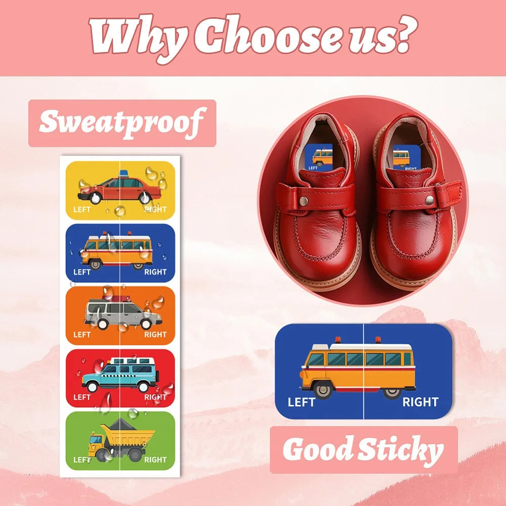 Left Right Shoe Stickers for Kids – 100pcs Car Pattern Labels