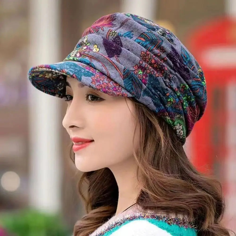 Women's Short Brim Floral Beanie Hat – Polyester Winter Cap