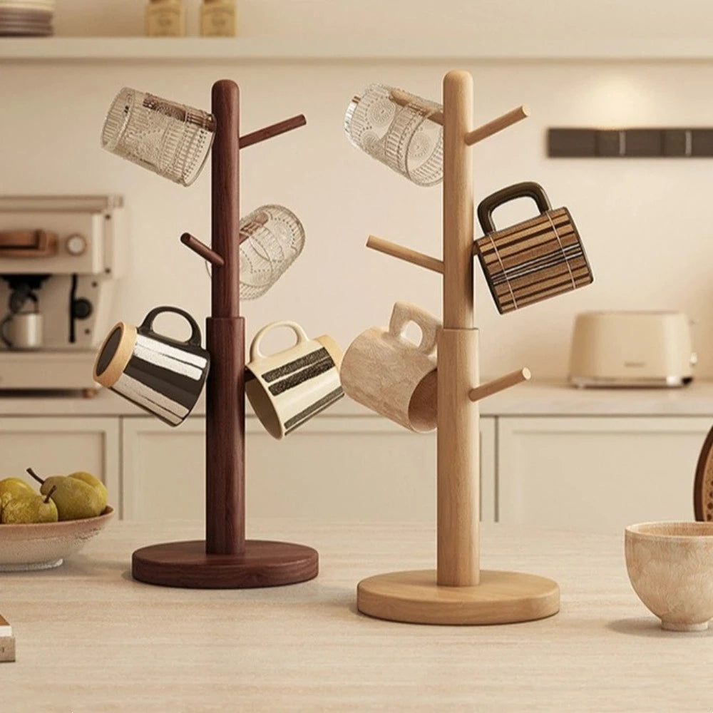 Wooden Tree Mug Rack – 6-Hook Coffee Cup Holder & Organizer