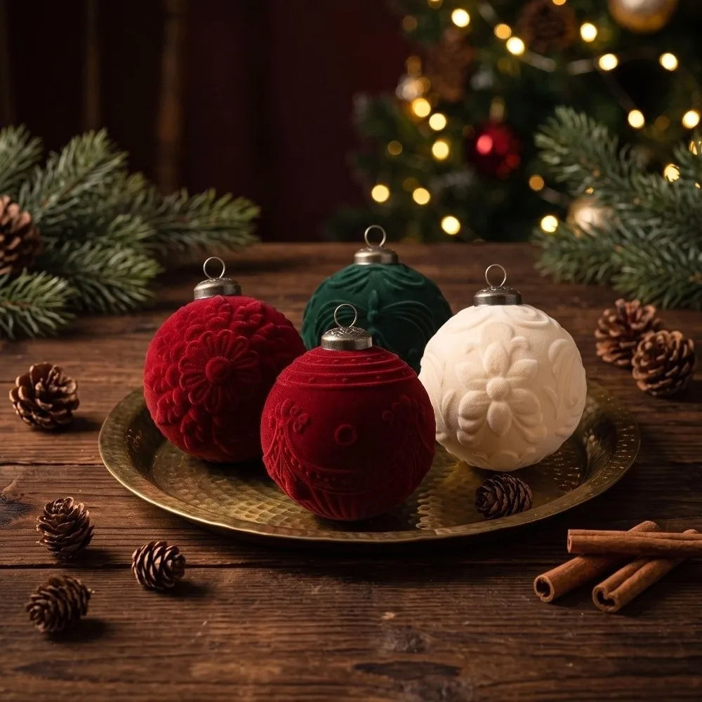 9-Piece Flocked Embossed Christmas Baubles Set – 8cm Ornaments