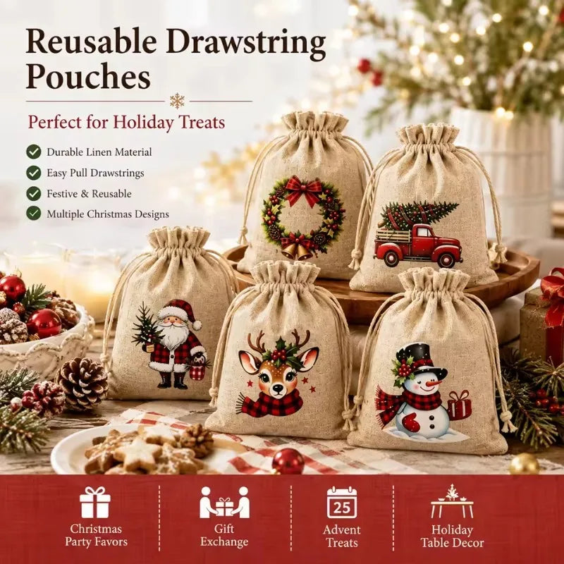 Christmas Burlap Drawstring Gift Bags – 5/12 Pack, 5 Designs