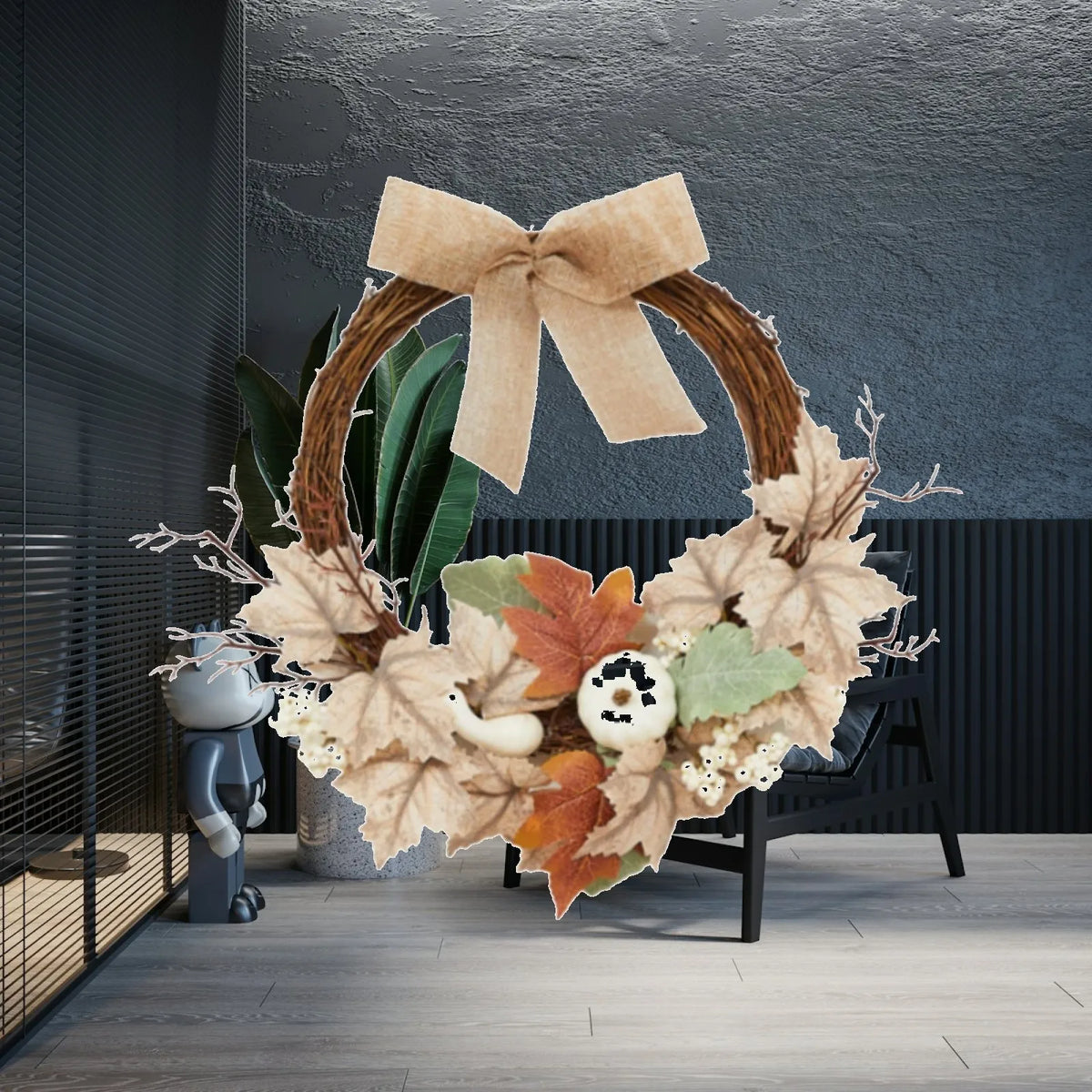 Artificial Fall Wreath – Pumpkin & Maple Leaves Farmhouse Decor