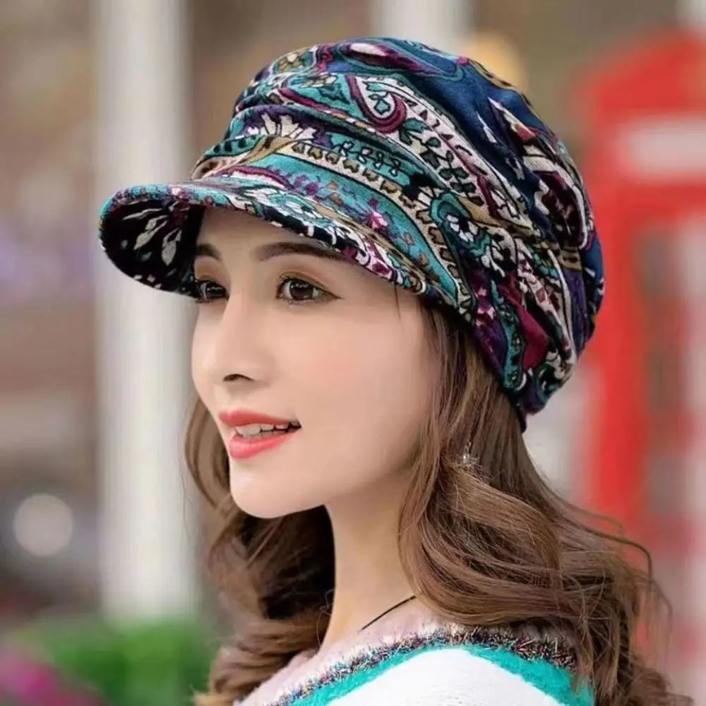 Women's Short Brim Floral Beanie Hat – Polyester Winter Cap