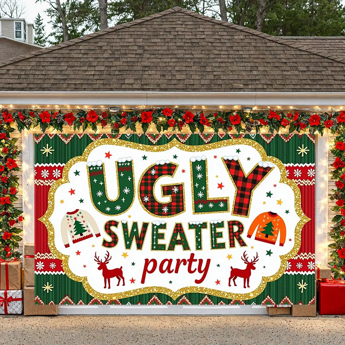 Ugly Sweater Reindeer Holiday Banner – Festive Party Decor