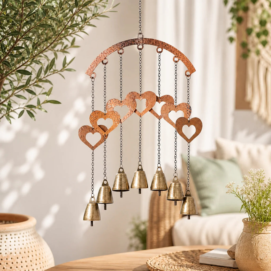 Rustic Heart Wind Chime with Brass Bells | Metal Garden Decor