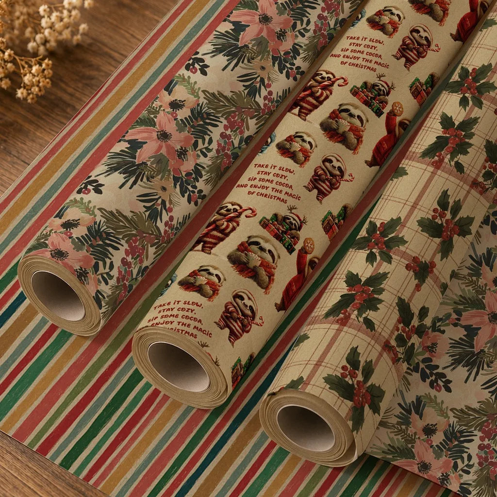Christmas Wrapping Paper Roll 5M – 4 Festive Kraft Designs