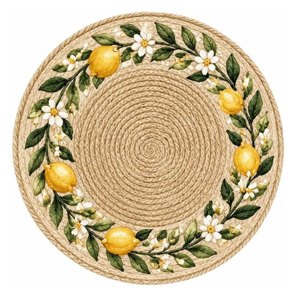 Round Flower Printed Placemat – 15" Wipeable Rattan-Look Mat