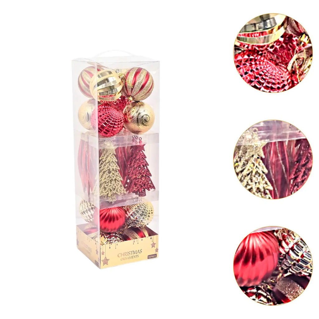 34pcs Glittering Christmas Ball Ornaments – Plastic Baubles Set