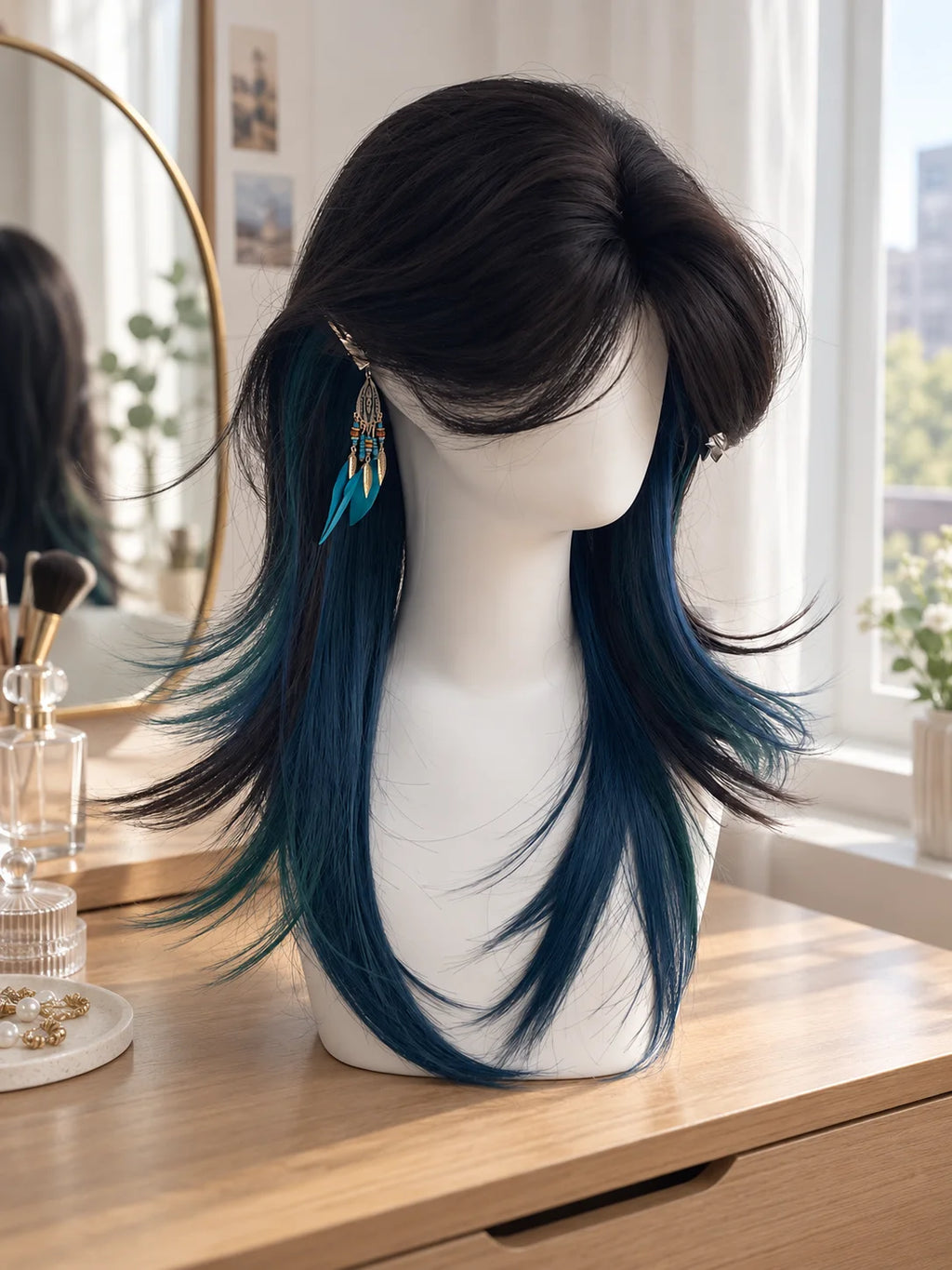 Blue Green Wolf Cut Mullet Wig – Layered Cosplay Wig Women