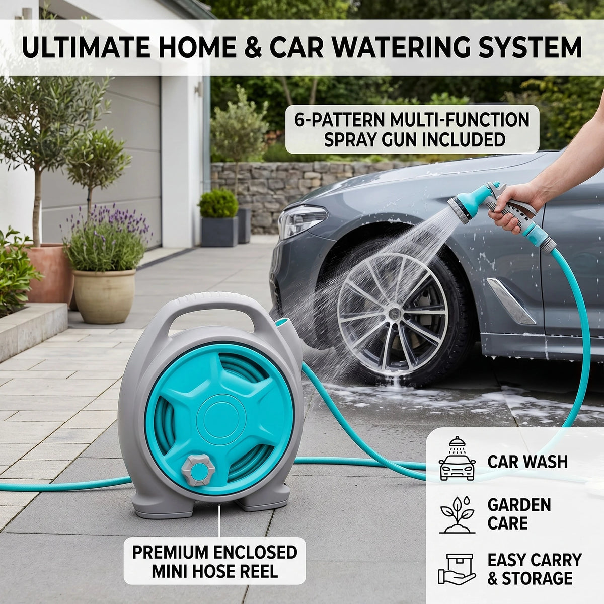 Mini Garden Hose Reel Set & High-Pressure Water Gun – 15m