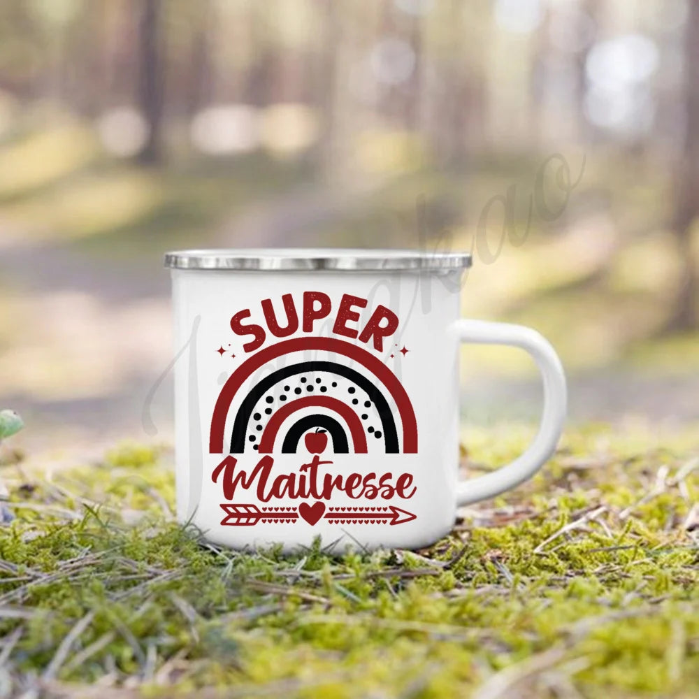 Teacher Gift Enamel Coffee Mug – Vintage Cartoon Print