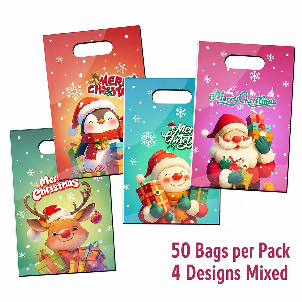 Christmas Handle Gift Bags PE Plastic 50pcs – 7 Designs