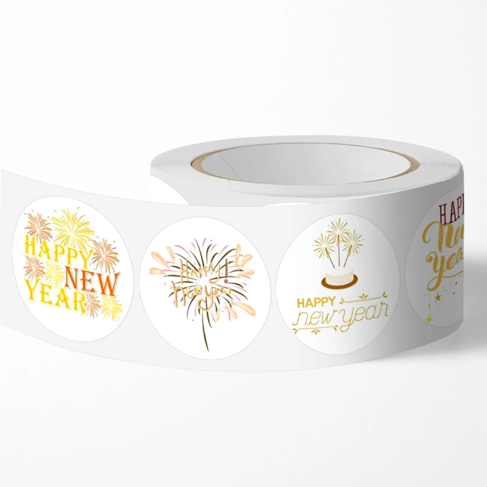 500-Pack Gold Foil Happy New Year Stickers | Gift Packaging