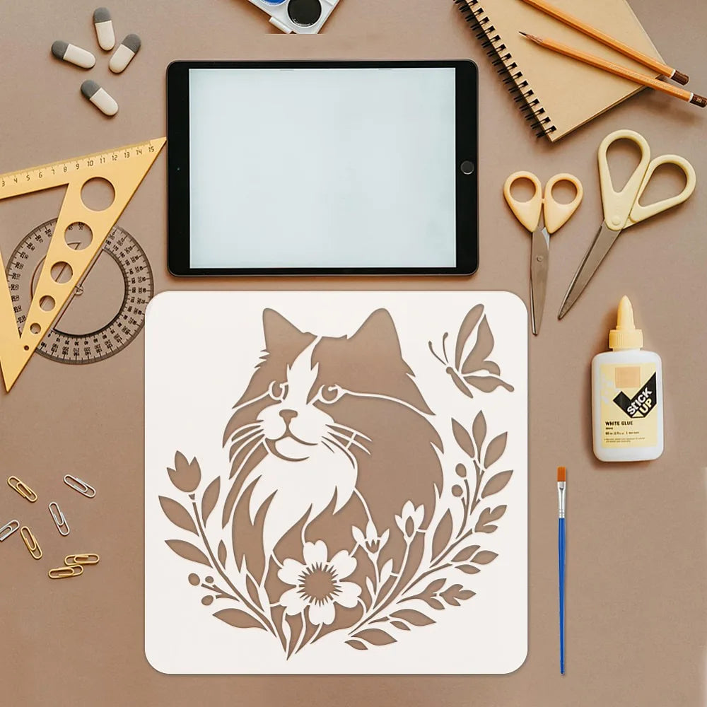 6-Piece Cat & Floral PET Hollow Painting Stencils 30x30cm