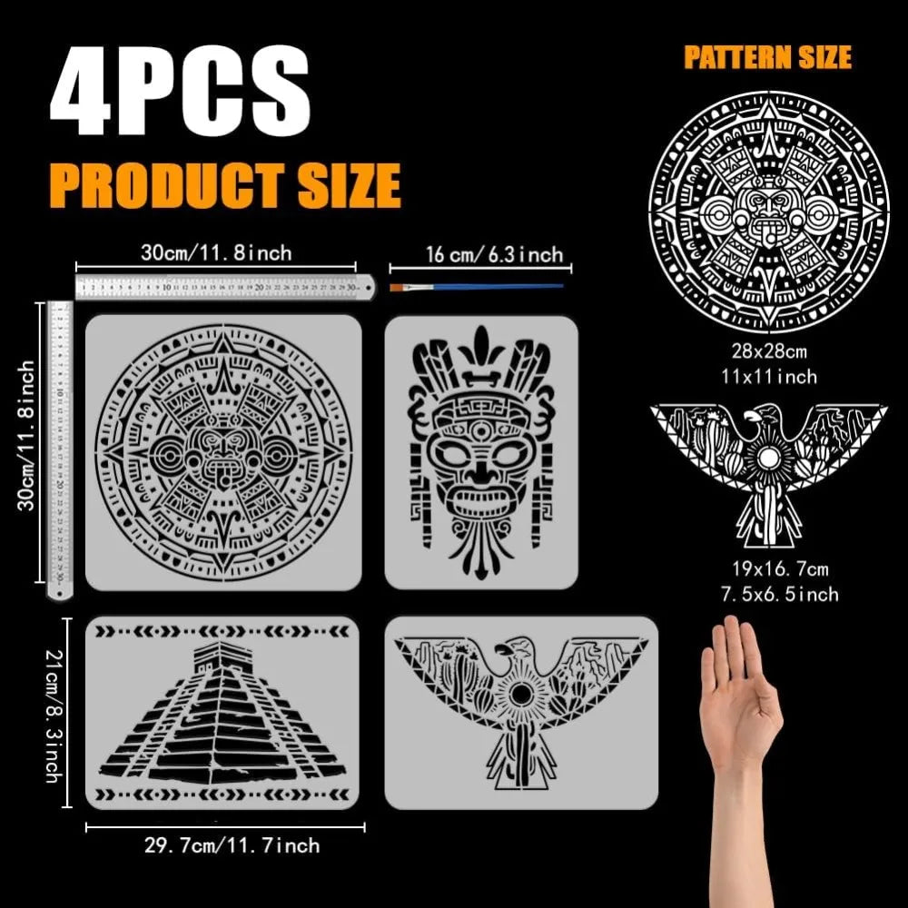 4-Piece Aztec Tribal Stencil Set with Brush | Reusable PET