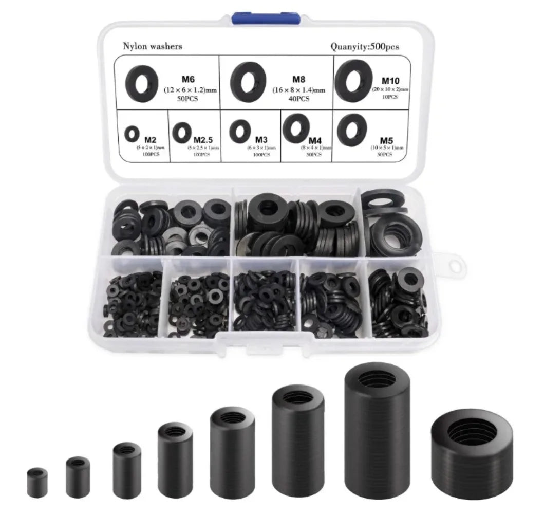 500pcs Nylon Flat Washer Set – 8 Sizes M2–M10 Assortment