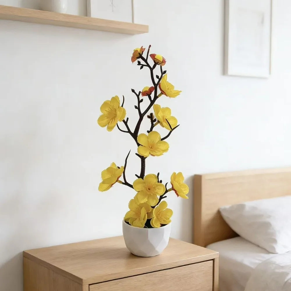 Red Artificial Plum Blossom Bonsai – Fake Wintersweet Potted Plant