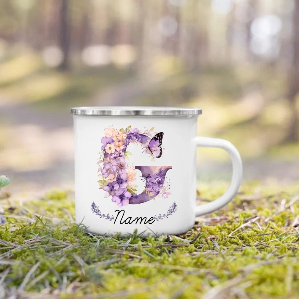 Personalized Floral Initial Enamel Mug | Custom Name Coffee Cup
