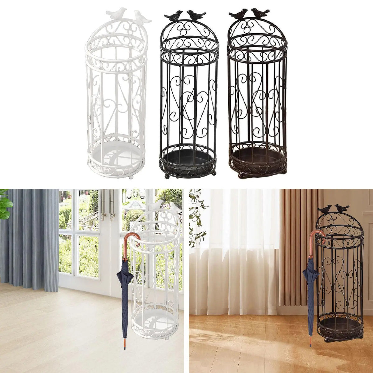 Wrought Iron Umbrella Stand with Drip Tray | Round Holder