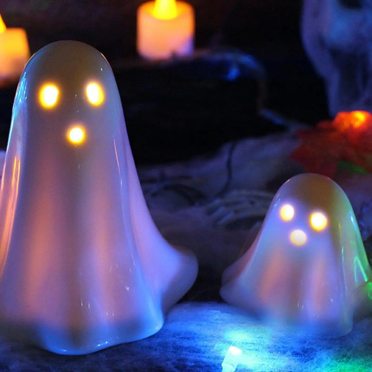 Halloween Ceramic Ghost Statues with LED Light | 2-Pack